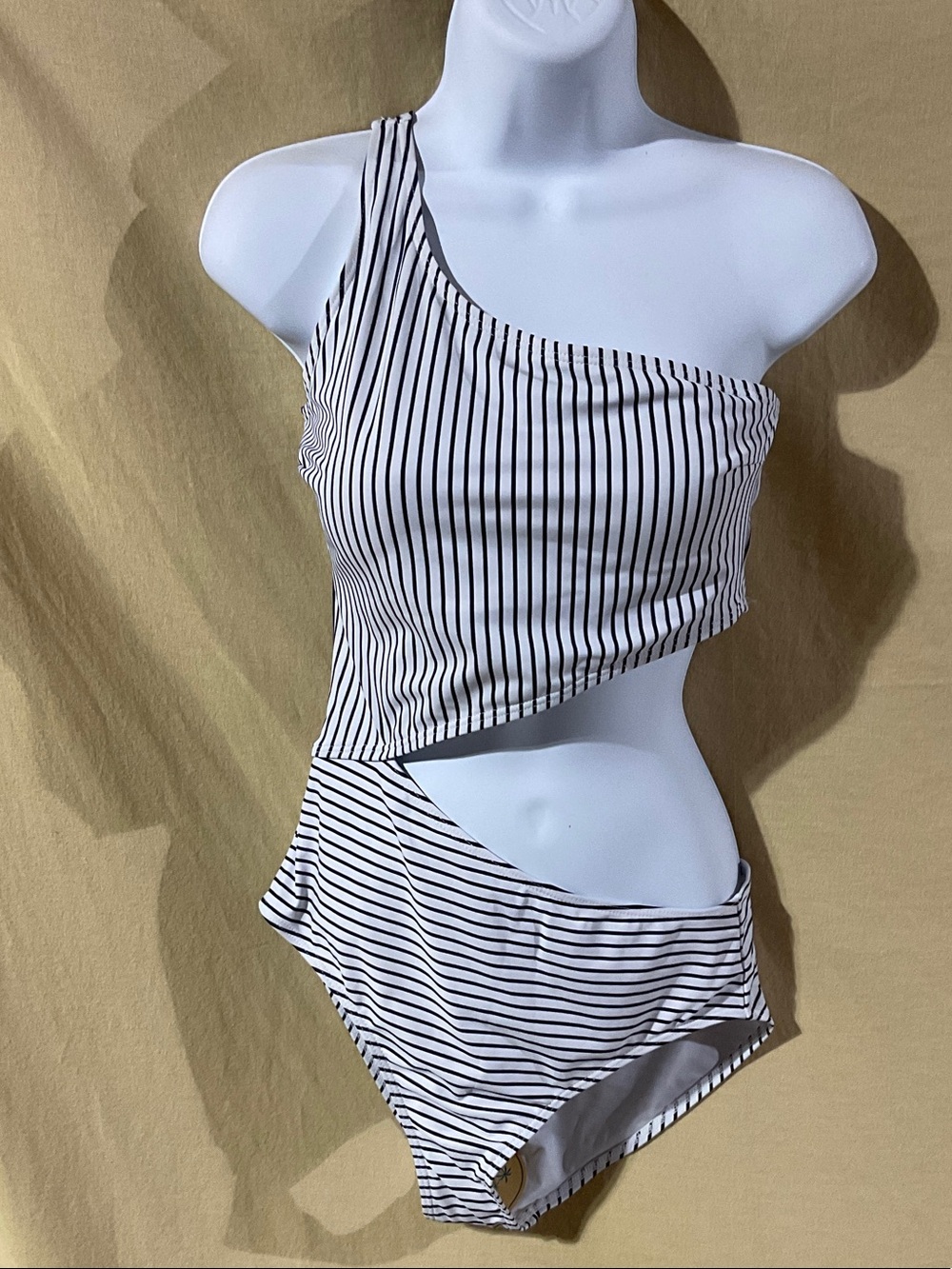 Beachissi Size M Asymmetric One-Shoulder Black & White Stripe One-Piece Swimsuit